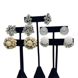 Lot Of 5 Silver Tone Clip On Earrings W/Rhinestones Faux & Pearls (5774)